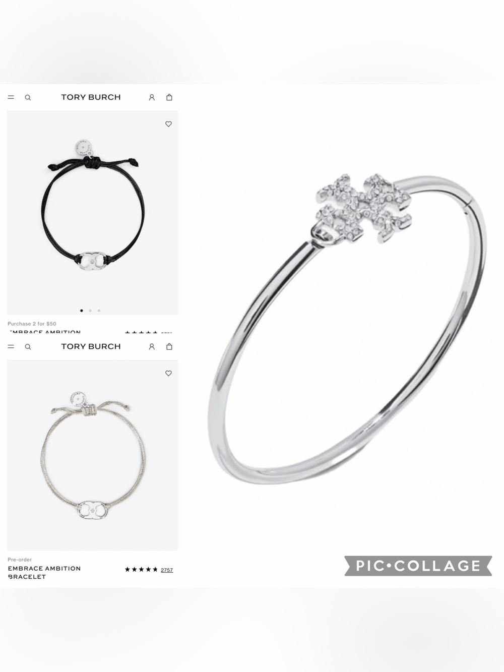 Tory Burch set of 3 /ELEANOR PAVÉ HINGED CUFF Silver/2 EMBRACE AMBITION BRACELET